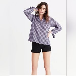 Madewell Tie-Sleeve Popover Peasant Blue Plaid Top - Size XS